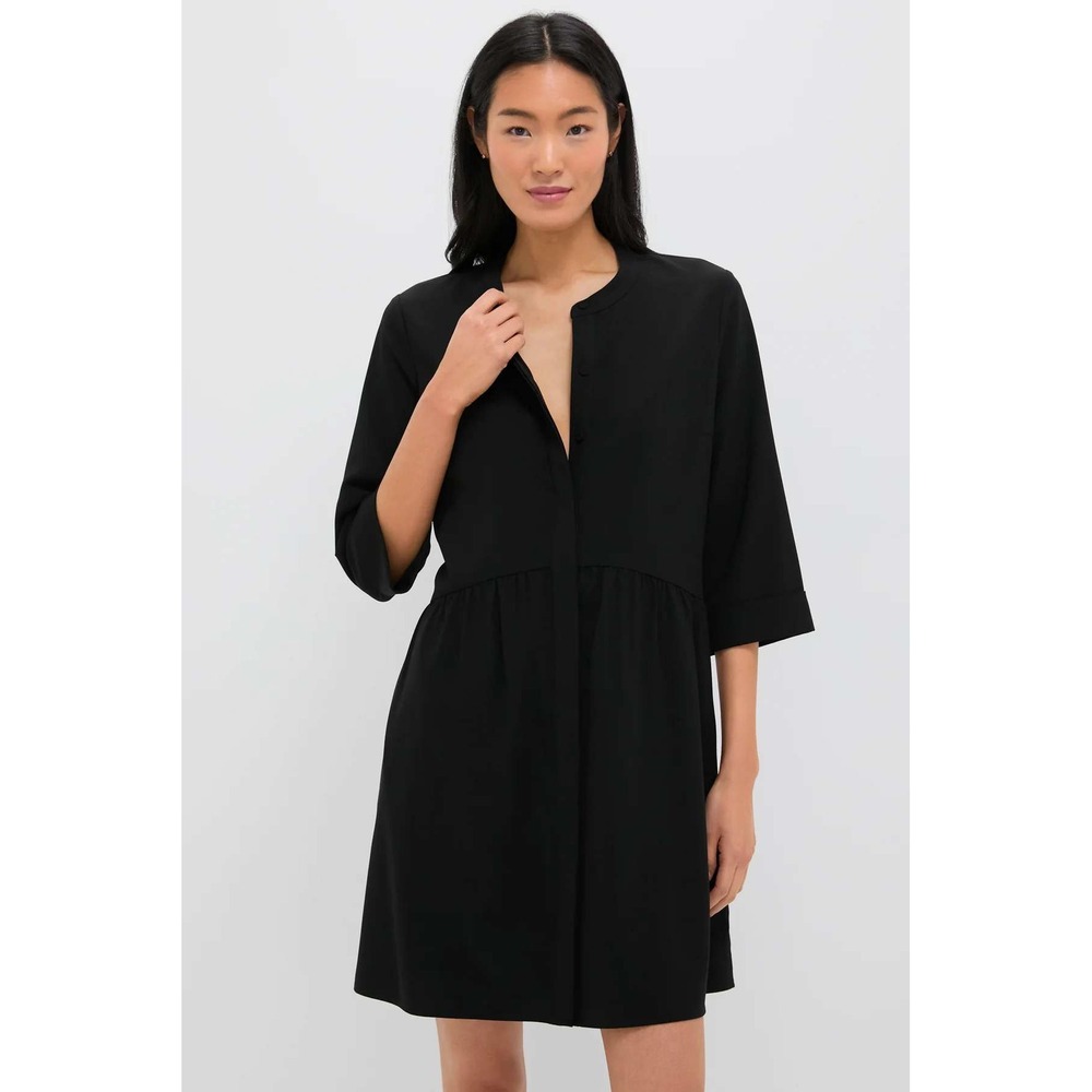 Tuckernuck Dress Women Medium Black Stand Collar 3/4 Sleeve A-Line Crepe TN-2301